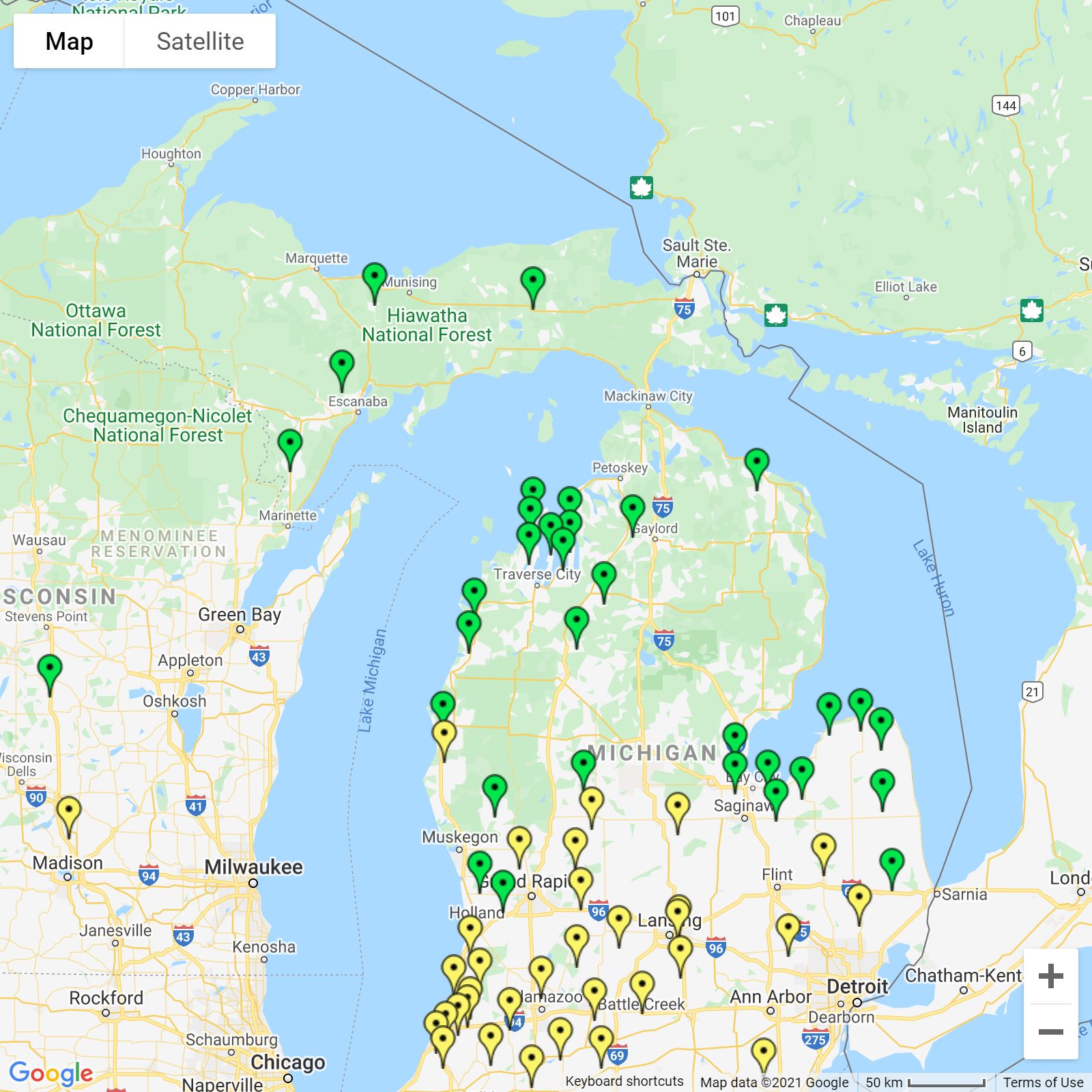 Map of Michigan with pins scattered throughout.